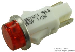 VCC / VISUAL COMMUNICATIONS COMPANY 1051QC1 Neon Indicator, Non-Relampable, 250 VAC, Quick Connect, Red, 12.7 mm, Round with Flat Top