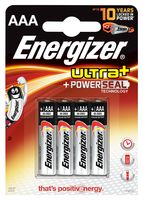 ENERGIZER LR03FSB4 Battery, Ultra +, Pack of 4, 1.5 V, AAA, Alkaline, 1.25 Ah, Raised Positive and Flat Negative, 4