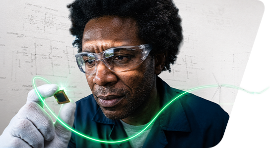 Engineer evaluating a semiconductor chip with digital signal visualization, representing electronics design, testing, and innovation.